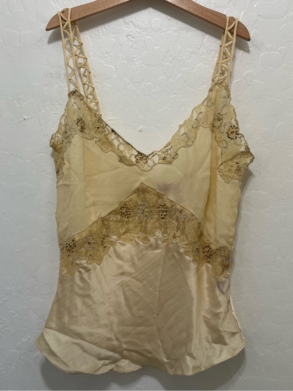 Lapetina Lomeli Beaded Soft Yellow 90% Silk Lace Camisole Cami Top Small NWT